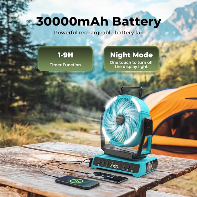 Rechargeable Camping Fan 30000mAh Battery Powered with LED Lantern 360 Rotation 9 Speeds Blue