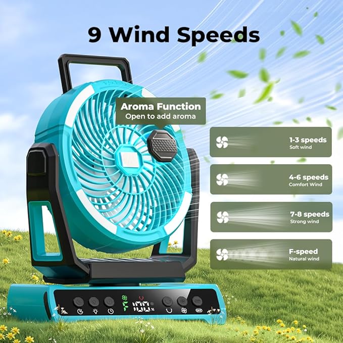 Rechargeable Camping Fan 30000mAh Battery Powered with LED Lantern 360 Rotation 9 Speeds Blue
