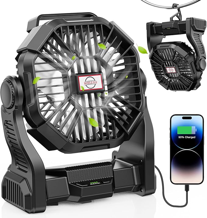 30000mAh Portable Battery Powered Camping Fan with LED Light Quiet Battery Operated Black