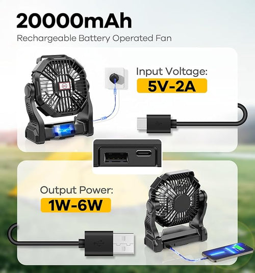 30000mAh Portable Battery Powered Camping Fan - with LED Light, Quiet Battery Operated, Camping Gear for Travel, Tent, Beach, Car or Hurricane Power Outages, Black
