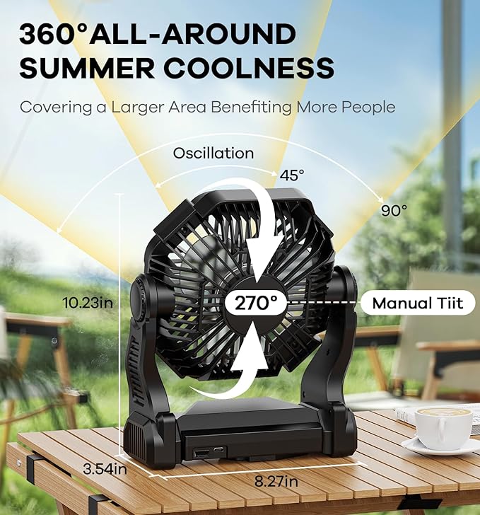 30000mAh Portable Battery Powered Camping Fan - with LED Light, Quiet Battery Operated, Camping Gear for Travel, Tent, Beach, Car or Hurricane Power Outages, Black