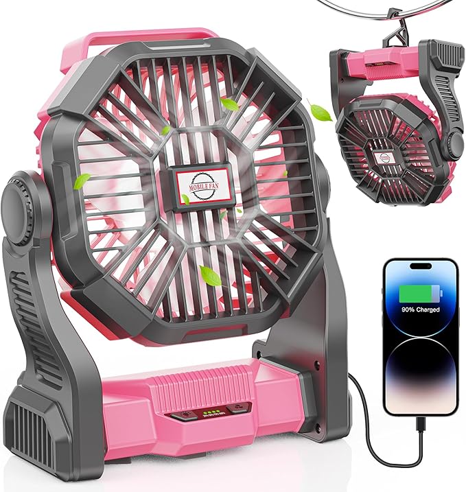 30000mAh Portable Battery Powered Camping Fan - with LED Light, Quiet Battery Operated, Camping Gear for Travel, Tent, Beach, Car or Hurricane Power Outages, Black