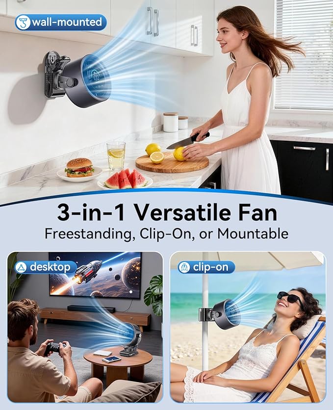 4000mAh Rechargeable Portable Clip on Fan 100-Speed LED Display 360 Rotate Turbo Desk Fan