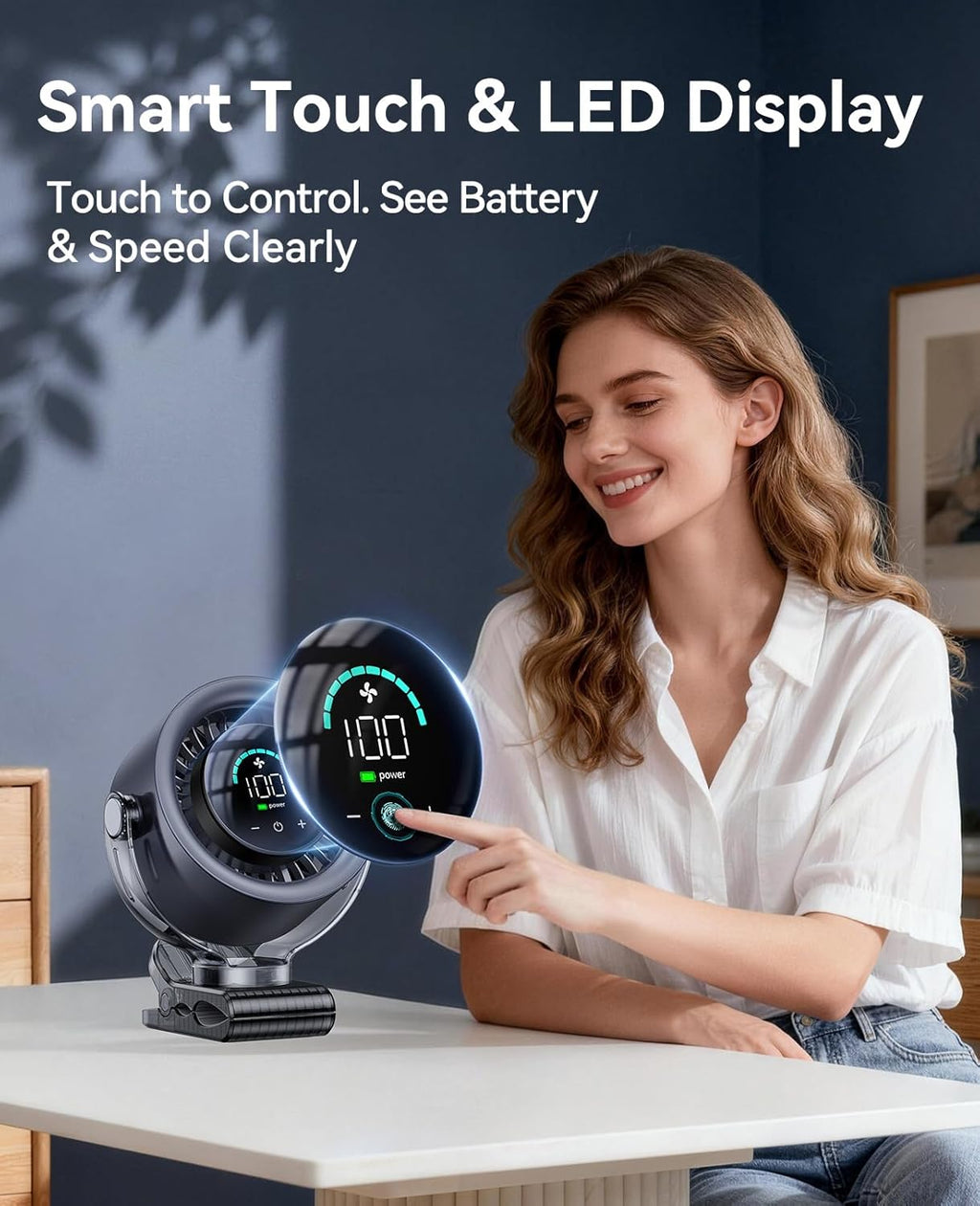 4000mAh Rechargeable Portable Clip on Fan 100-Speed LED Display 360 Rotate Turbo Desk Fan