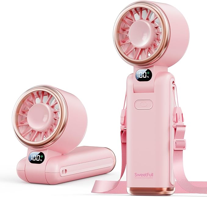 SWEETFULL Portable Handheld Fan 5000mAh Rechargeable 5-Speed with Digital Display Pink