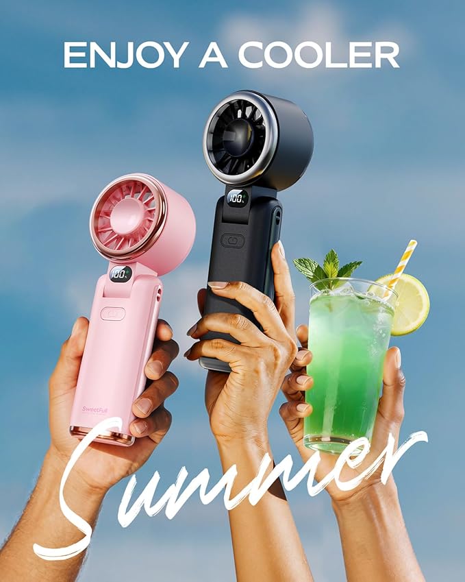 SWEETFULL Portable Handheld Fan 5000mAh Rechargeable 5-Speed with Digital Display Pink