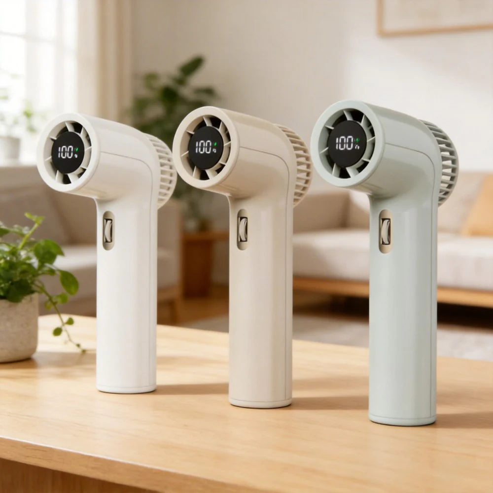 AC Decors™ TurboFlow 100-Speed Smart Handheld Fan - with LED Display & High-Torque Turbine (Cloud White / Warm Sand / Glacial Mint)