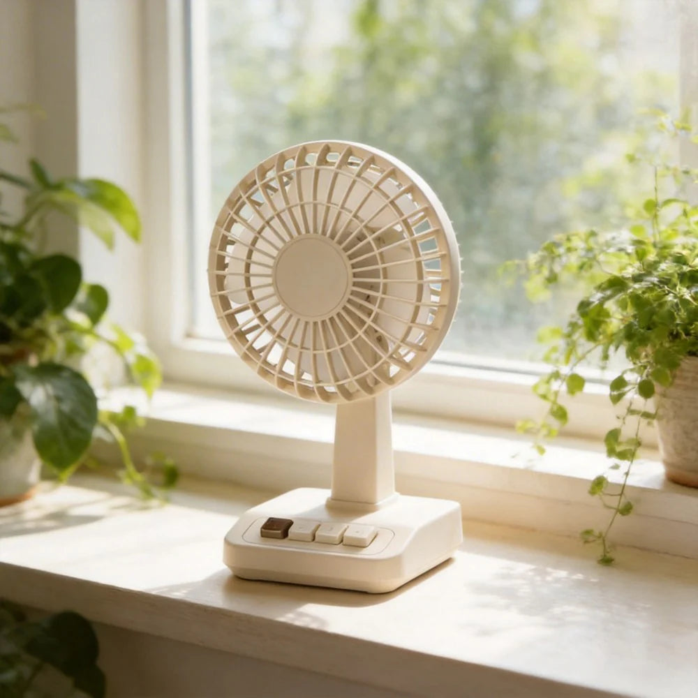 AC Decors™ RetroVibe Vintage Desktop Fan - with Piano-Key Buttons & 5 Speeds (Cream Beige / Olive Green)