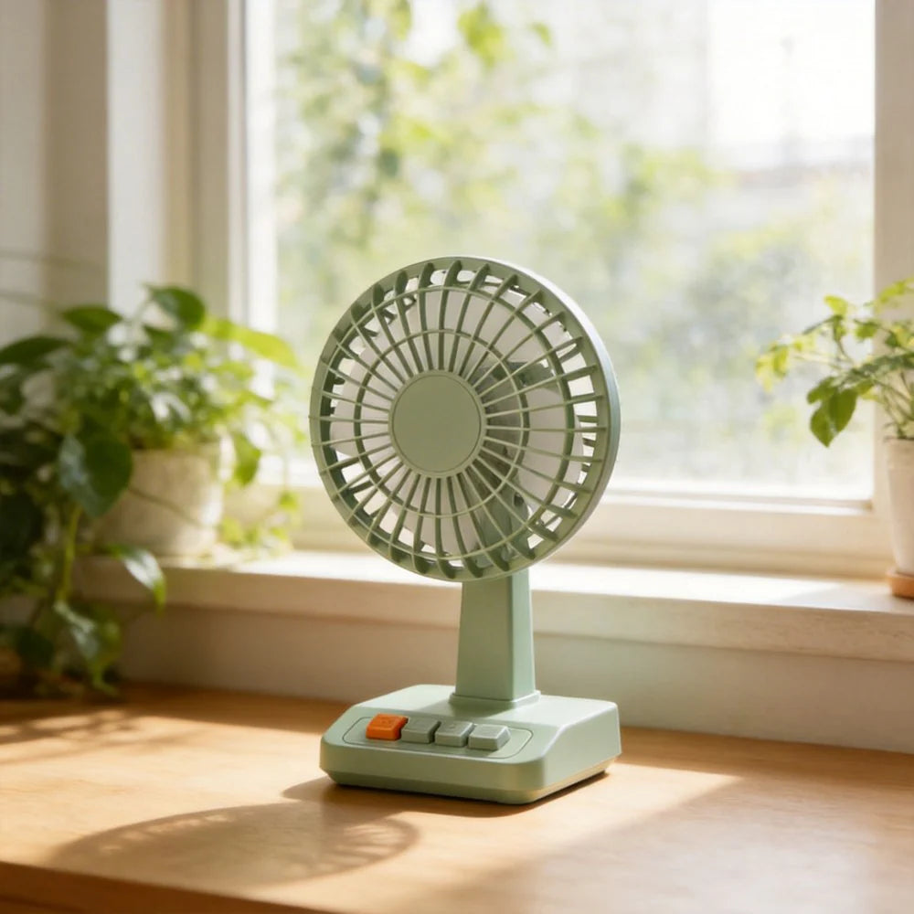 AC Decors™ RetroVibe Vintage Desktop Fan - with Piano-Key Buttons & 5 Speeds (Cream Beige / Olive Green)