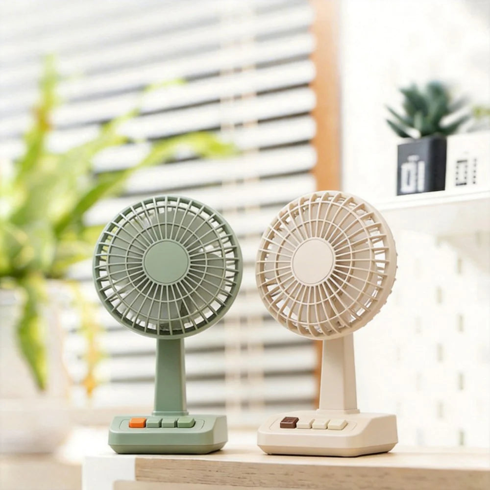AC Decors™ RetroVibe Vintage Desktop Fan - with Piano-Key Buttons & 5 Speeds (Cream Beige / Olive Green)